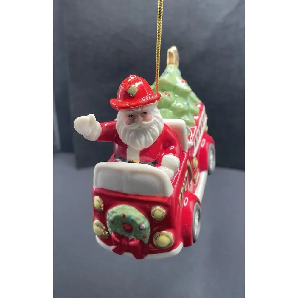Lenox Santa in Fire Truck Christmas Ornament. Porcelain New Opened For Pics Only